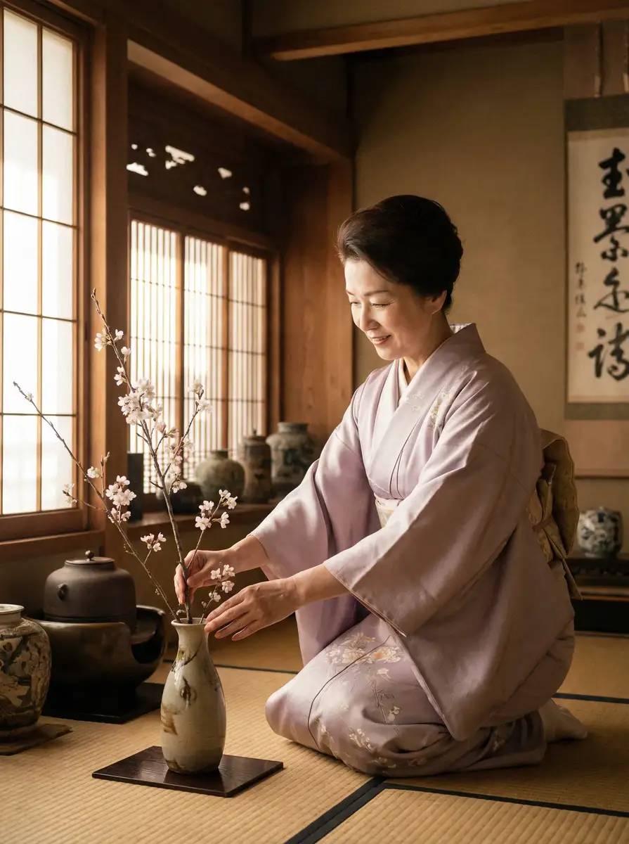 一位优雅的 头号玩家app 在和室中插花